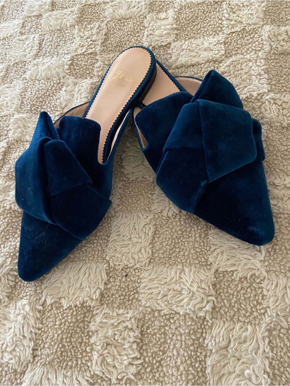 J. Crew Teal Velvet Knot Pointed Mules
